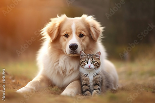 Dog and cat. Friendship between animals. AI generated