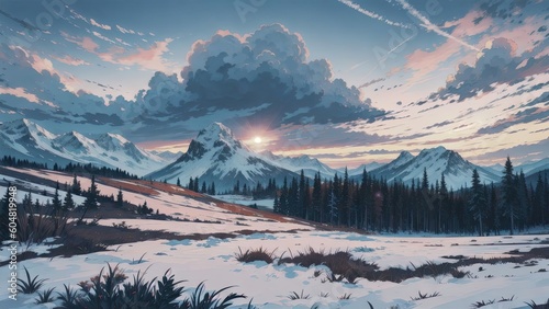 Winter landscape in the mountains. Created with Generative AI technology.