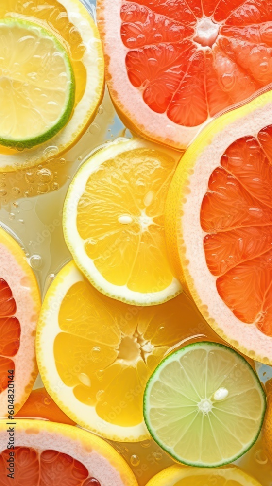 Grapefruit, lime, orange, lemon slices in water. AI generation Grapefruit, lime, orange, lemon slices in water. AI generation