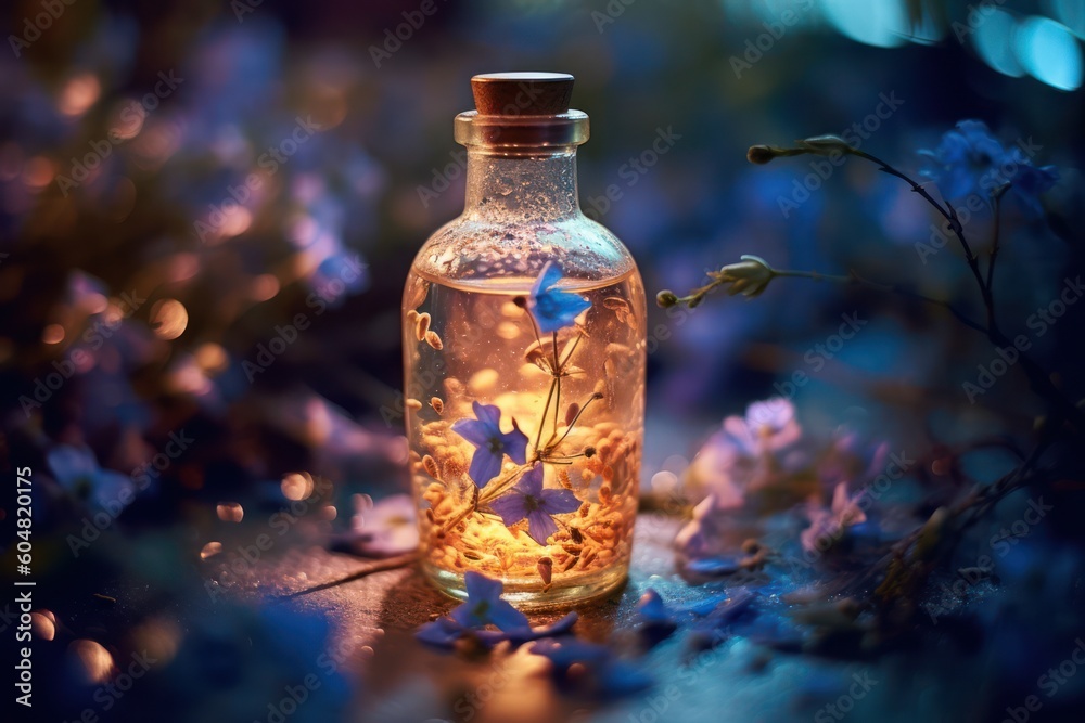 A small jar with a cork with a magic elixir and flowers inside in a clearing in a fairy forest. AI generation