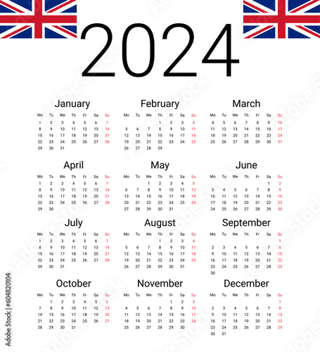 UK 2024 calendar. English Vector template start from monday. Full months for wall calendar