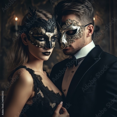 Elegant couple wearing Venetian masks at a masquerade ball, evoking the mysterious atmosphere. Generative AI