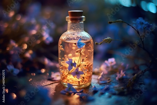 A small jar with a cork with a magic elixir and flowers inside in a clearing in a fairy forest. AI generation