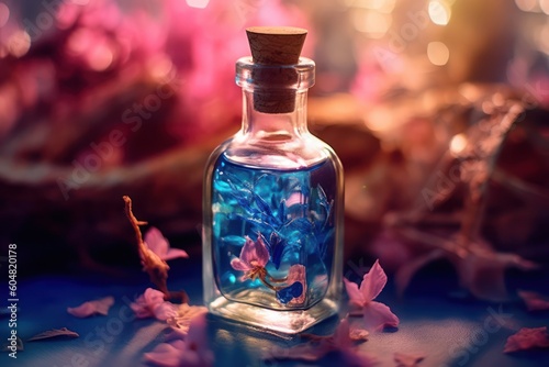 A small jar with a cork with a magic elixir and flowers inside in a clearing in a fairy forest. AI generation photo