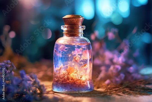 A small jar with a cork with a magic elixir and flowers inside in a clearing in a fairy forest. AI generation