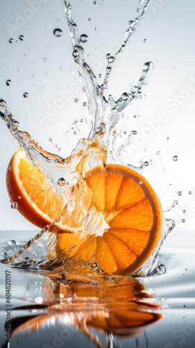 Slices and slices of orange fall into the water on a gray background.  AI generated.