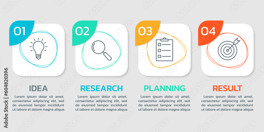 Naklejka premium 4 step infographic with business icons. Modern infograph element design. Presentation, process diagram, timeline banner template. Vector illustration. 