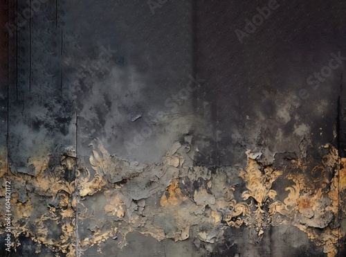 Distressed painted antique wall in black and gold, golden shiny rococo ornaments texture. Beautiful distressed luxury vintage surface. Generative Ai.