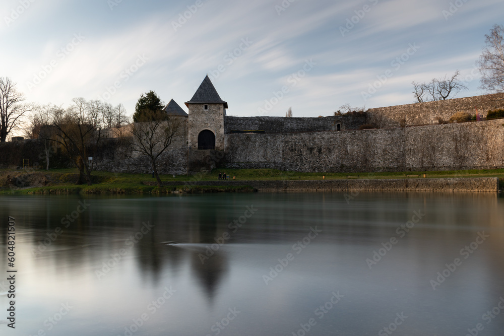 Medieval fortress on riverbank at evening, Kastel fortress on riverbank of Vrbas river in Banja Luka