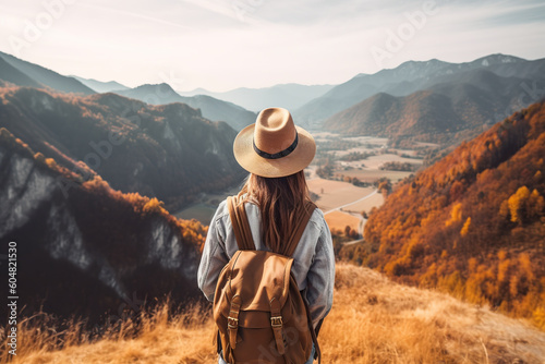 A woman wearing a hat and a backpack looks out over a valley. Generative AI.