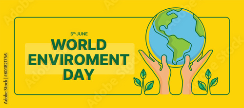 World Environment Day - Modern green line hands hold up globe world and plant tree around on yellow background vector design