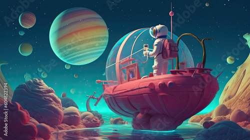 llustration of an astronaut wearing a white astronaut suit, standing on a spacecraft, observing the surroundings around the plane