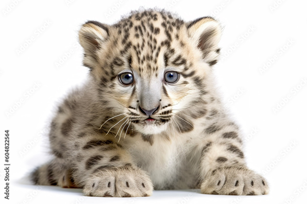 Snow Leopard cub, Panthera uncia isolated on on white background. Post-processed generative AI
Snow Leopard cub, Panthera uncia isolated on on white background. Post-processed generative AI