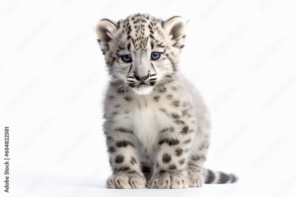 Snow Leopard cub, Panthera uncia isolated on on white background. Post-processed generative AI
Snow Leopard cub, Panthera uncia isolated on on white background. Post-processed generative AI