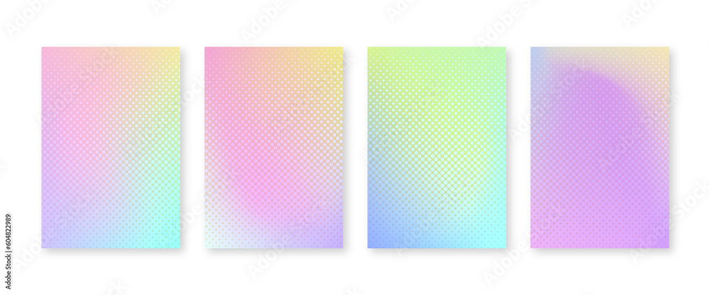 Pastel color gradient cover set with geometric halftone dots pattern. Vector abstract trendy background. Colorful mesh art