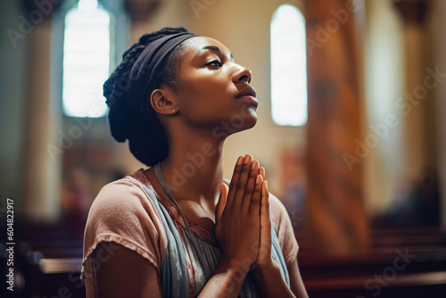 Young woman praying to god in church. Faith in religion and belief in God. Power of hope or love and devotion.