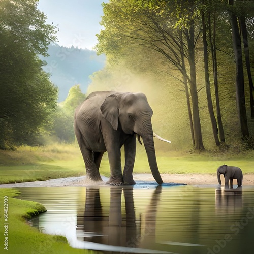 A baby elephant splashing in a river with its mother created with generative AI © Zakaria