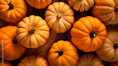 Autumn orange pumpkin. Different color varieties types yellow green dark colour. Fall yield Thanksgiving farm concept. Pile of squash laying oil painting illustration