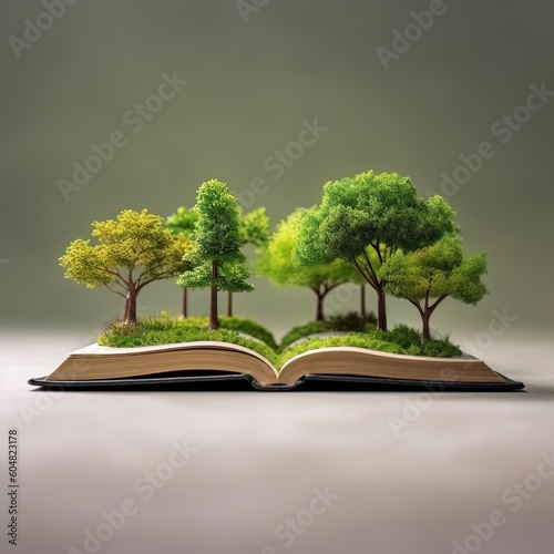 Book and tree. Abstract green trees and ground in book. generative ai