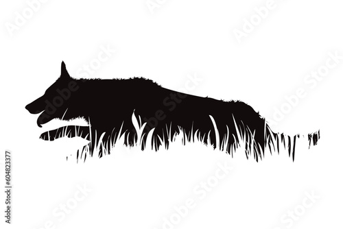 Vector silhouette of jumping dog in the grass in park.