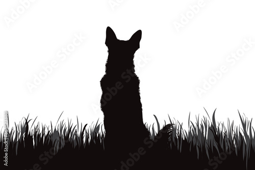 Vector silhouette of dog sitting in the grass in park.