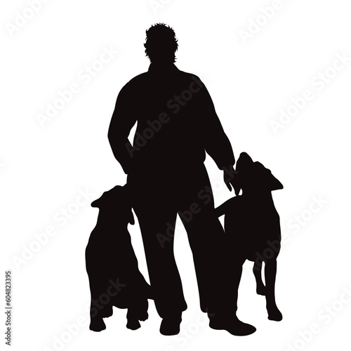 Vector silhouette of man with his happy dogs on white background.