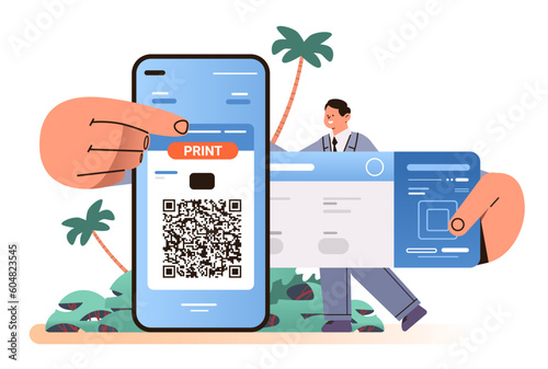 man printing e-tickets via mobile app online booking searching for flight service concept