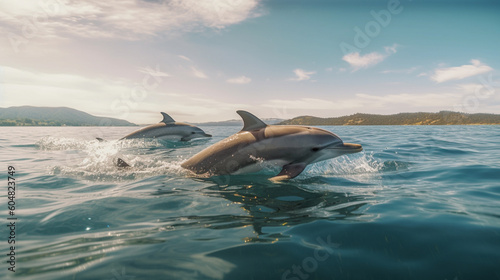 Dolphins jumping out of the water at sunset © DLC Studio