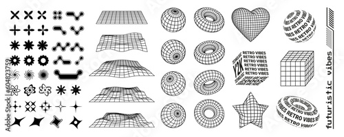 Y2K trendy shapes and 3d vector geometric figures, millennial symbols, signs and icons, large collection of shapes.