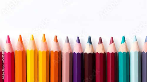 Many colored pencils in a row. School stationery drawing equipment tools. Kids creative art various multicolor wooden pencils top view close up photo