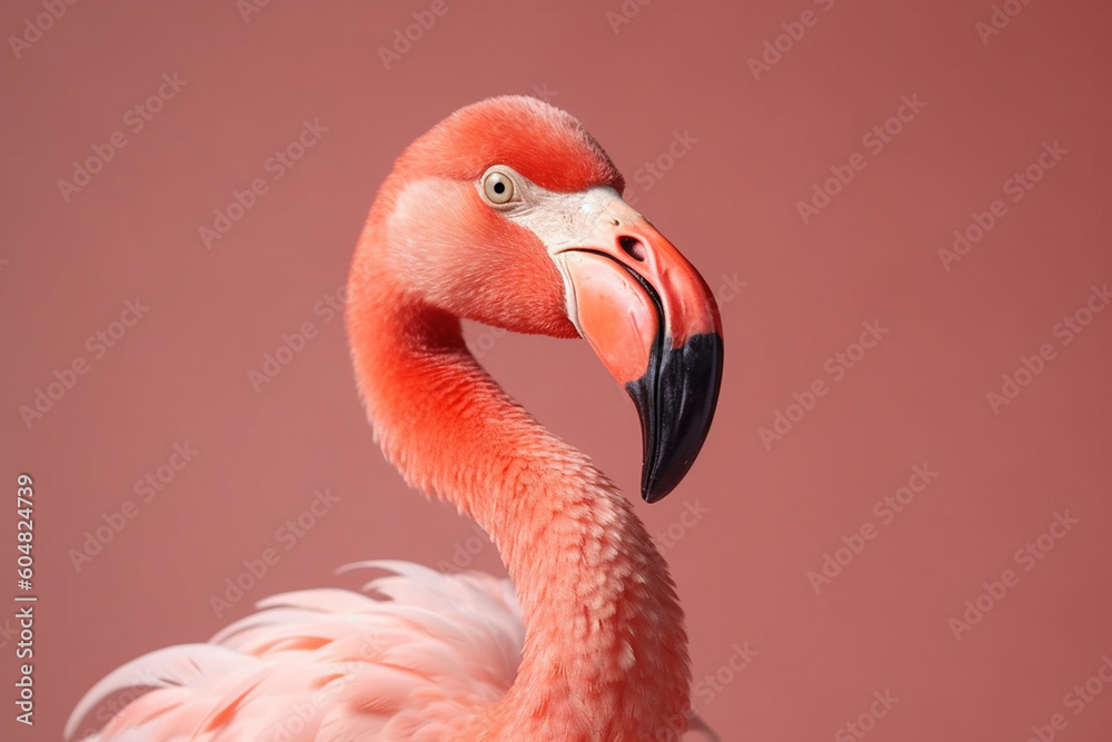 Fototapeta premium Flamingo head on pink background. Generative ai