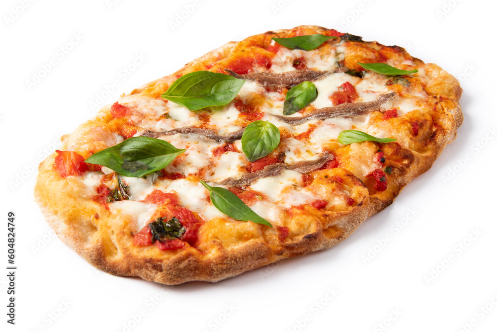 Deliziosa pinsa romana condita con mozzarella, pomodoro e acciughe, cibo italiano Deliziosa pinsa romana condita con mozzarella, pomodoro e acciughe, cibo italiano