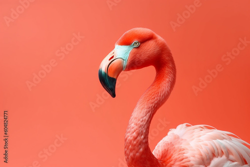 Flamingo head over orange background. Generative ai 