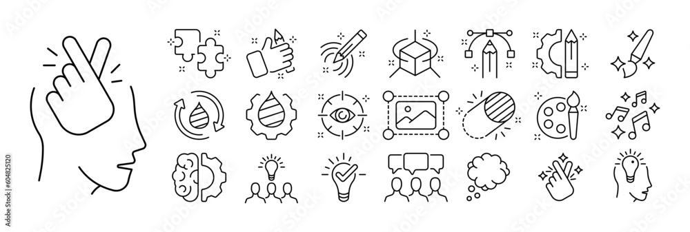 Set of creative icons. Illustrations representing various artistic and creative elements, including paintbrushes, pencils, palettes, musical notes, cameras, theater masks. Imagination concept.