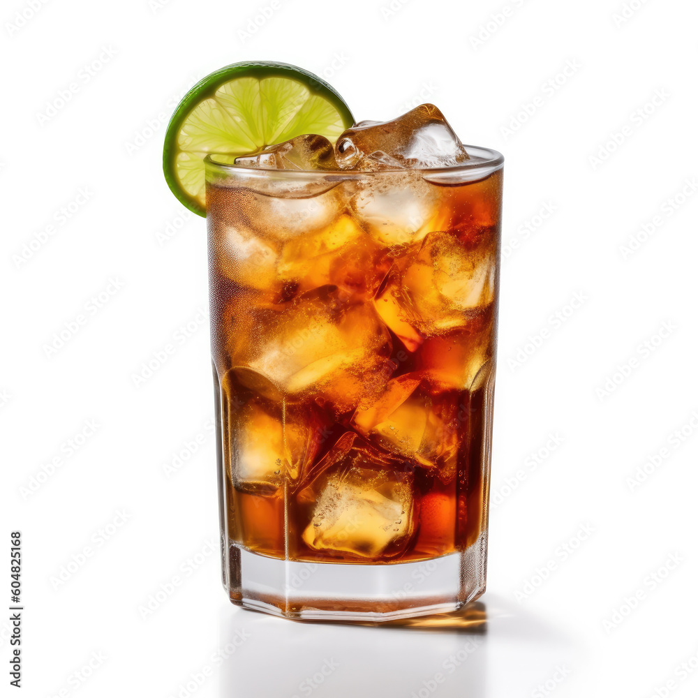 A dramatic dark 'n stormy cocktail in a highball glass, isolated on a white background, created by Generative AI.
A dramatic dark 'n stormy cocktail in a highball glass, isolated on a white background, created by Generative AI.
