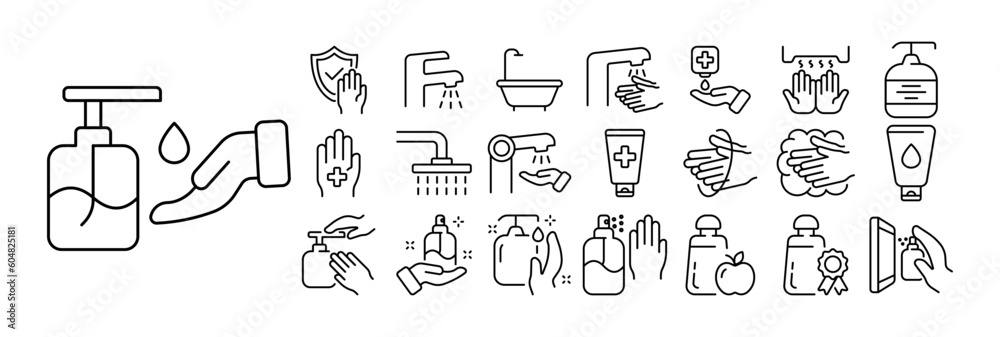 Set of hygiene icons. Illustrations representing various aspects of personal hygiene and cleanliness, including toothbrush, toothpaste, soap, shower. Healthy habits concept.