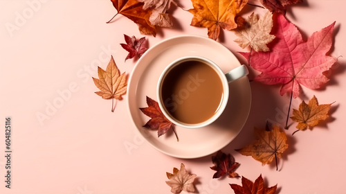 Cup of coffee and autumn leaves on a pink background, generative AI.