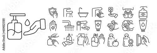 Fototapeta Naklejka Na Ścianę i Meble -  Set of hygiene icons. Illustrations representing various aspects of personal hygiene and cleanliness, including toothbrush, toothpaste, soap, shower. Healthy habits concept.