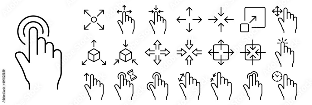 Obraz premium Set of touchscreen control icons. Illustrations representing various touchscreen gestures and control elements, including tap, swipe, pinch-to-zoom, rotate, scroll. Gadgets concept.