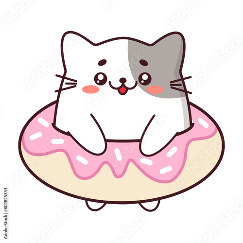 Cute white and gray cat in a kawaii style with a donut around the waist. A cat in a sweet donut. Vector illustration for prints, stickers, children's design