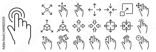 Set of touchscreen control icons. Illustrations representing various touchscreen gestures and control elements, including tap, swipe, pinch-to-zoom, rotate, scroll. Gadgets concept.