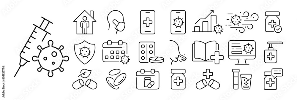 Set of virus icons. Illustrations representing various virus-related symbols and concepts, including microscopic viruses, warning signs, medical masks. Biohazard concept.