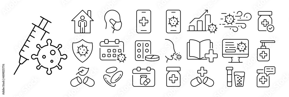 Set of virus icons. Illustrations representing various virus-related symbols and concepts, including microscopic viruses, warning signs, medical masks. Biohazard concept. Set of virus icons. Illustrations representing various virus-related symbols and concepts, including microscopic viruses, warning signs, medical masks. Biohazard concept.