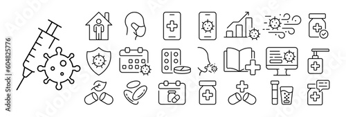 Set of virus icons. Illustrations representing various virus-related symbols and concepts, including microscopic viruses, warning signs, medical masks. Biohazard concept.