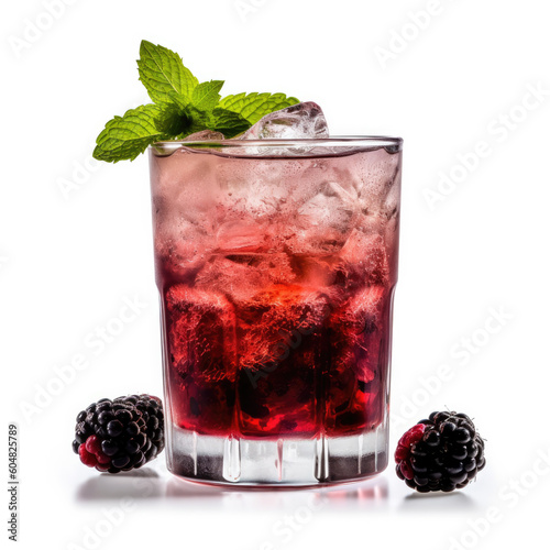 A refreshing bramble cocktail in a rocks glass, isolated on a white background, created by Generative AI.

