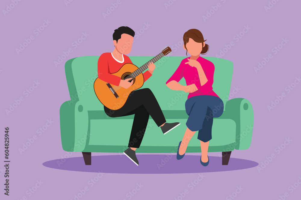 Graphic flat design drawing romantic couple together in love. Happy male is playing guitar to his girlfriend in living room on sofa. Girl listen and singing together. Cartoon style vector illustration Graphic flat design drawing romantic couple together in love. Happy male is playing guitar to his girlfriend in living room on sofa. Girl listen and singing together. Cartoon style vector illustration