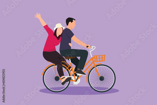 Character flat drawing of romantic couple have fun riding on bike. Happy man and woman cycling with holding hands together. Togetherness of young husband and wife. Cartoon design vector illustration