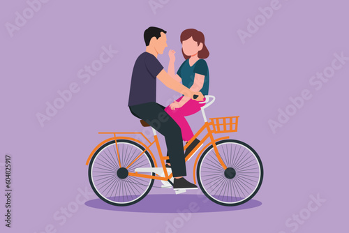 Fototapeta Naklejka Na Ścianę i Meble -  Graphic flat design drawing happy young man and woman riding bicycle face to face. Romantic couple is riding bicycle together. Happy family spend time with exercise. Cartoon style vector illustration
