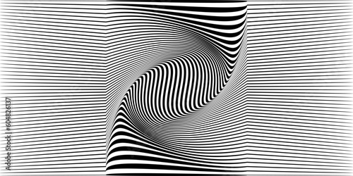 Vector optical illusion. Black and white twisted stripes abstract background. Striped pattern.