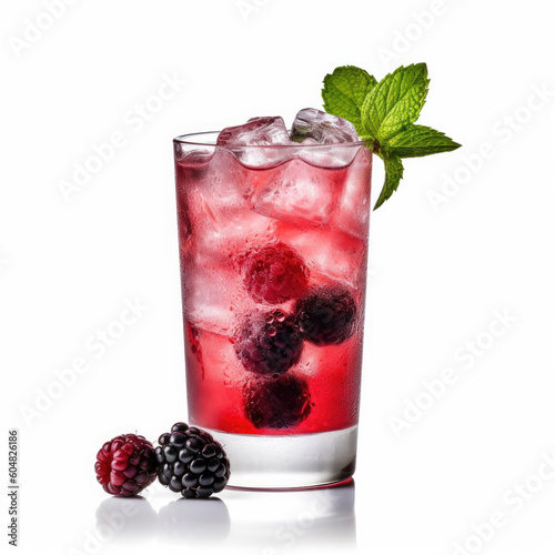 A refreshing bramble cocktail in a rocks glass, isolated on a white background, created by Generative AI.

